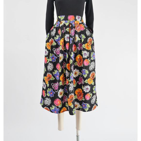 Vintage Cute Floral Vase Pottery Print Full Pleated Midi Skirt with Pockets M - Picture 3 of 9